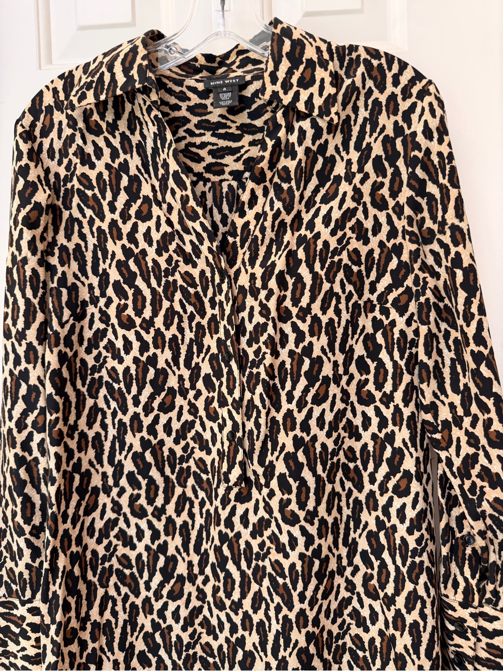 Nine West Silk Leopard Print Long Sleeve Dress, Black,Brown,Tan, Qtr Button Sz 4 - Picture 2 of 14